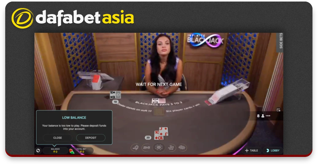 Blackjack no cassino ao vivo da Dafabet