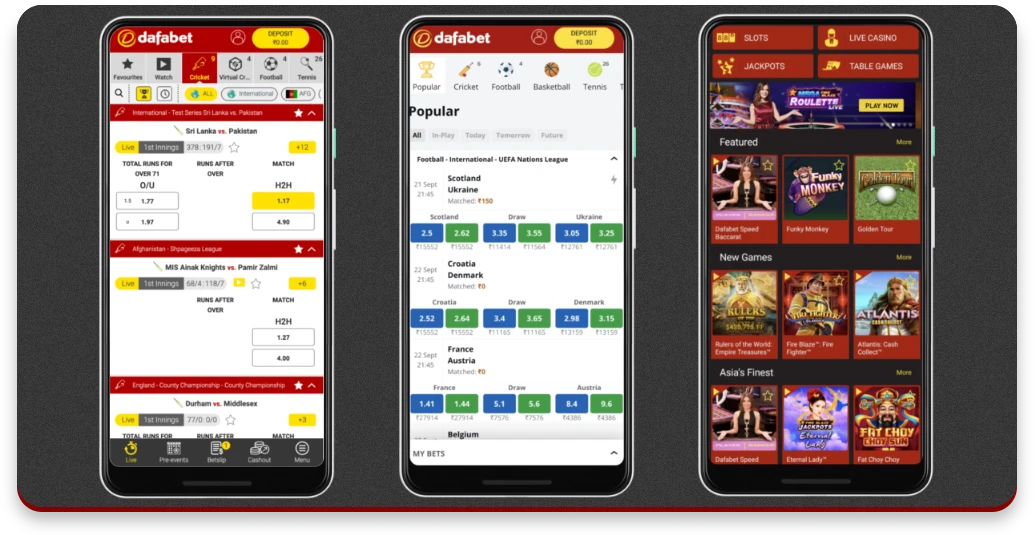 A few screenshots of the Dafabet app