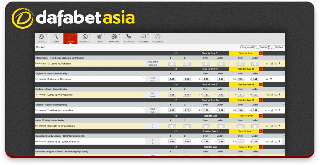 Seção de apostas de críquete ao vivo na Dafabet