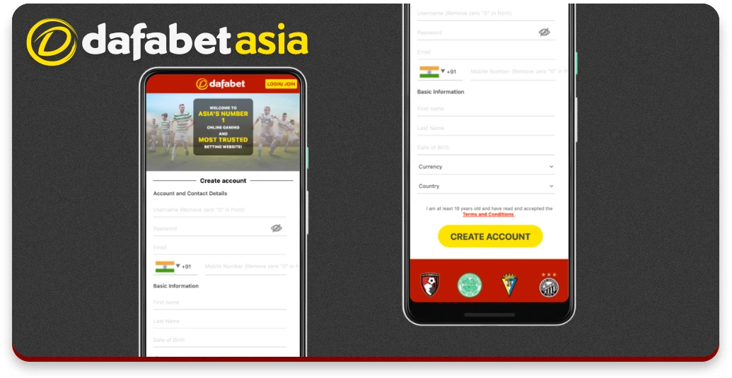 Registration form in the Dafabet mobile app