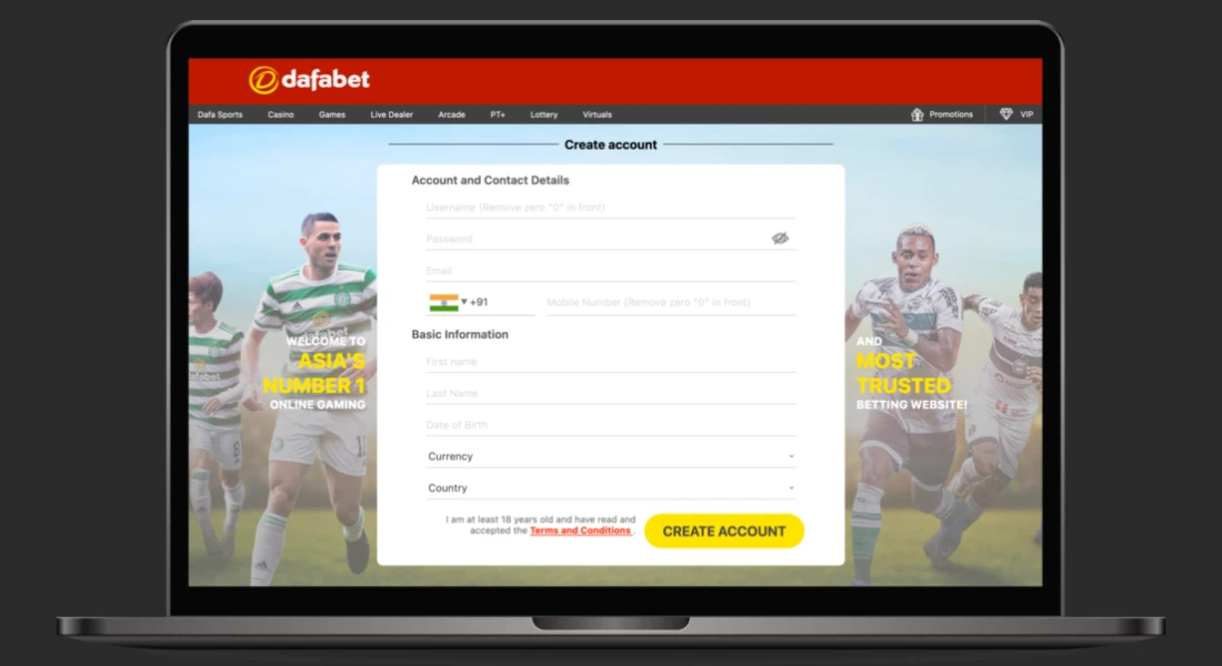 New customer registration form on Dafabet's website