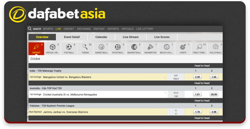 Live betting at Dafabet allows you to bet on those matches that are right now